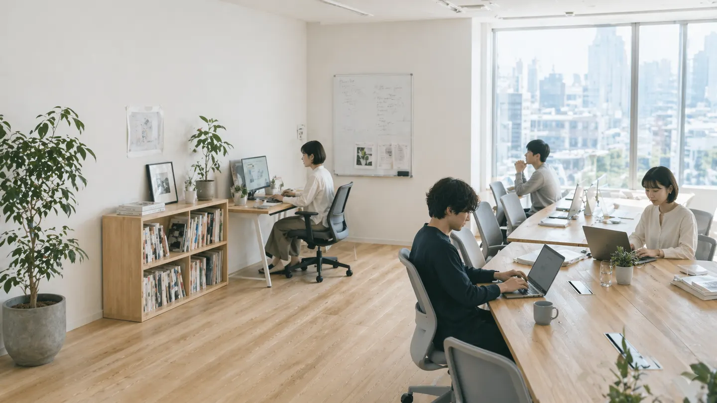 スタジオ全景 ― 自然光の入るオープンオフィス